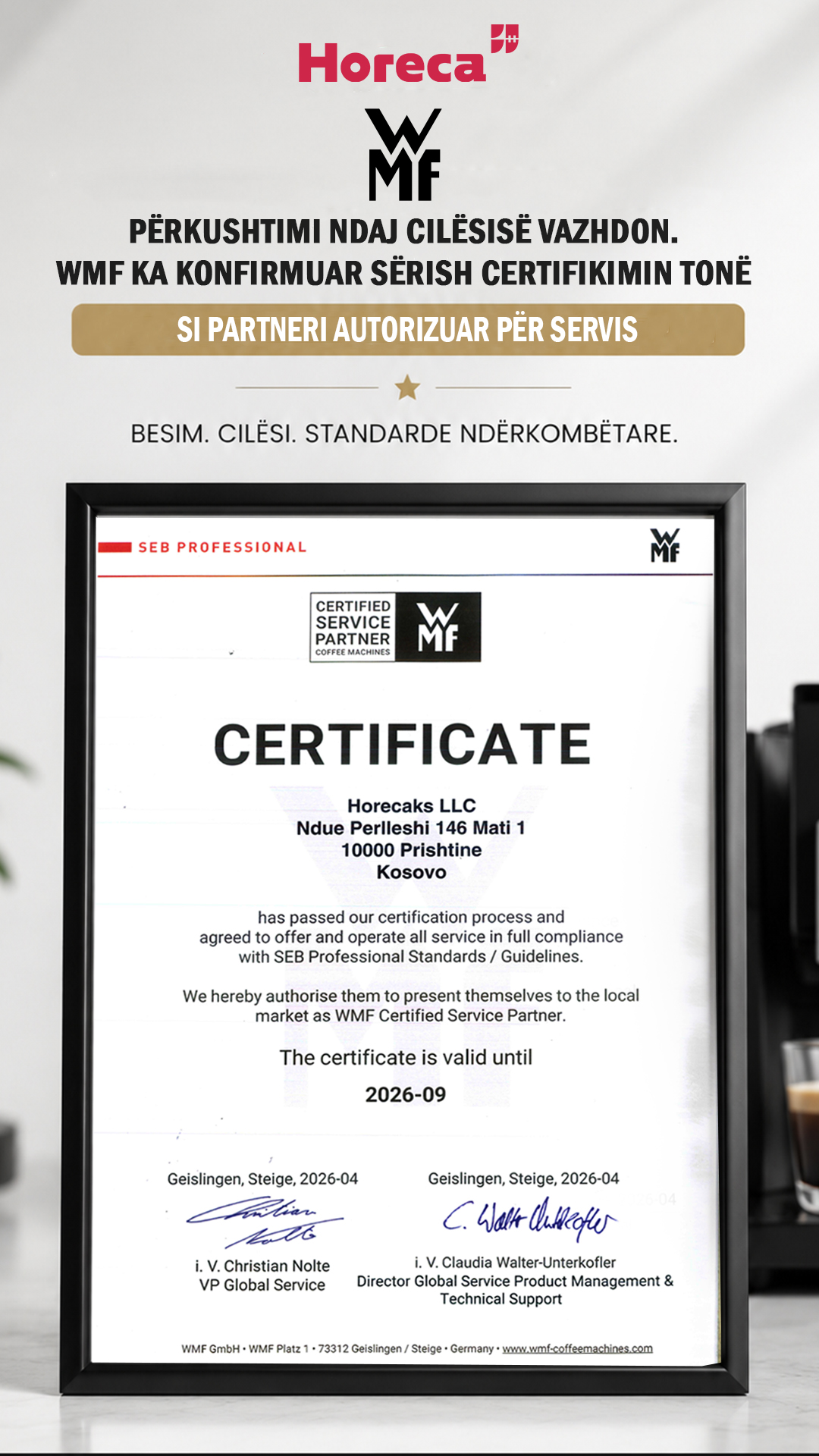 Certifikata zyrtare WMF Certified Service Partner për Horecaks L.L.C